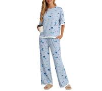 PrinStory Pigiama da donna a maniche corte, con pantaloni lunghi, 2 pezzi, Fp-blu stella luna, L