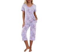 PrinStory Pigiama da donna a maniche corte con scollo a V, set di magliette e pantaloni pigiama con tasche, Cuore Colorato Viola, XL