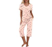 PrinStory Pigiama da donna a maniche corte con scollo a V, set di magliette e pantaloni pigiama con tasche, Stella beige, L