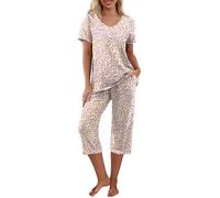 PrinStory Pigiama da donna a maniche corte con scollo a V, set di magliette e pantaloni pigiama con tasche, Fiori viola beige, XXL