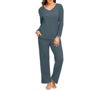 PrinStory - Pigiama da donna a maniche lunghe, set loungewear a coste, scollo a V, set in maglia, Blu, M