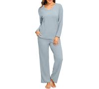 PrinStory - Pigiama da donna a maniche lunghe, set loungewear a coste, scollo a V, set in maglia, grigio/blu, XL