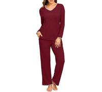 PrinStory - Pigiama da donna a maniche lunghe, set loungewear a coste, scollo a V, set in maglia, rosso vivo, XXL