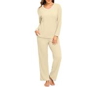PrinStory - Pigiama da donna a maniche lunghe, set loungewear a coste, scollo a V, set in maglia, XXL