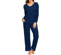PrinStory - Pigiama da donna a maniche lunghe, set loungewear a costine, scollo a V, set in maglia, Blu mare, XL