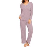 PrinStory - Pigiama da donna a maniche lunghe, set loungewear a costine, scollo a V, set in maglia, Colore: rosa., XL