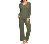 PrinStory - Pigiama da donna a maniche lunghe, set loungewear a costine, scollo a V, set in maglia, verde militare, L