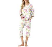 PrinStory Pigiama da donna casual a 3/4 con maglietta corta e pigiama corto con tasche traspirante set pigiama estivo set da notte, Gloria del mattino bianco, L