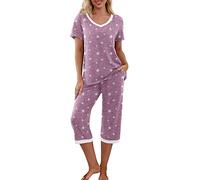 PrinStory Pigiama da donna con maglia a maniche corte e pantaloni lunghi, L