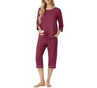 PrinStory Pigiama da donna con scollo rotondo, maniche a 3/4, set da notte con tasche, rosso vivo, XXL