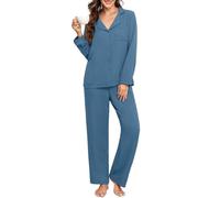 PrinStory Pigiama da donna lungo con bottoni, top a maniche lunghe e pantaloni da pigiama, Blu marino, L
