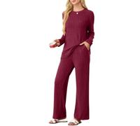 PrinStory Pigiama da donna lungo pigiama da donna a coste, morbido lounge set girocollo, maniche lunghe, pigiama e pantaloni pigiama con tasche, rosso vivo, L