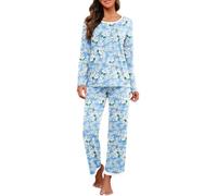 PrinStory Pigiama Donna Manica Lunga Pigiameria Morbido Girocollo Pigiama Set, Gelsomino Blu, XL