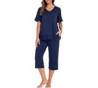 PrinStory Pigiama Donna Scollo a V Pigiama Manica Corta Top E Pantaloni Lunghi 3/4, Blu mare, M
