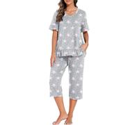 PrinStory Pigiama Donna Scollo a V Pigiama Manica Corta Top E Pantaloni Lunghi 3/4, Rosa Star, XL