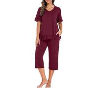 PrinStory Pigiama Donna Scollo a V Pigiama Manica Corta Top E Pantaloni Lunghi 3/4, rosso vivo, M