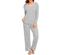PrinStory Pigiama lungo da donna, a maniche lunghe, a coste, set con scollo a V, grigio chiaro, M