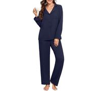 PrinStory Pigiama lungo da donna con bottoni a maniche lunghe e pantaloni da pigiama, Blu mare, L