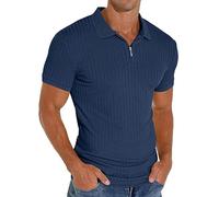PrinStory Polo da uomo, a maniche corte, con chiusura lampo, per il tempo libero, elasticizzata, slim fit, Blu, XL