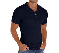 PrinStory Polo da uomo, a maniche corte, con chiusura lampo, per il tempo libero, elasticizzata, slim fit, Blu mare, L