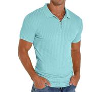PrinStory Polo da uomo, a maniche corte, con chiusura lampo, per il tempo libero, elasticizzata, slim fit, Azzurro, M
