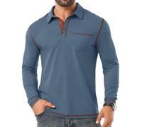 PrinStory Polo da uomo a maniche lunghe, casual, in cotone, con taschino sul petto, Vg Blu, L