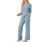 PrinStory Set di pigiama da donna a righe per donna, set di abbigliamento casual da casa, set con top a maniche lunghe e pantaloni da pigiama con tasche, blu cielo, L