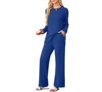 PrinStory Set di pigiama da donna a righe per donna, set di abbigliamento casual da salotto, set con top a maniche lunghe e pantaloni da pigiama con tasche, Blu reale, L