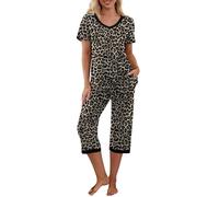 PrinStory Set pigiama da donna a maniche corte con maglietta e pantaloni capri, abbigliamento da casa con tasche, Stampa leopardata grigia, M