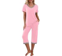 PrinStory Set pigiama da donna a maniche corte con maglietta e pantaloni capri, abbigliamento da casa con tasche, rosa, M