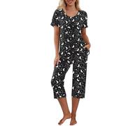 PrinStory Set pigiama da donna a maniche corte con maglietta e pantaloni capri, abbigliamento da casa con tasche, Luna Stella Nera, XL