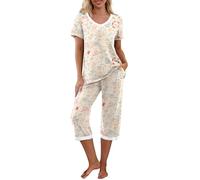 PrinStory Set pigiama da donna a maniche corte con maglietta e pantaloni capri, abbigliamento da casa con tasche, Stoviglie Albicocca, L
