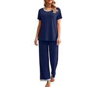 PrinStory Set pigiama da donna a maniche corte e pantaloni lunghi, pigiama da donna, morbido, con tasche, A- Blu Navy, M