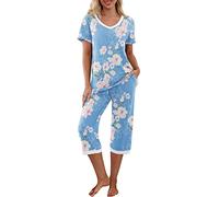 PrinStory Set Pigiama da Donna a Maniche Corte Maglietta e Pantaloni Capri Abbigliamento da Casa Pigiameria Pjs Set con Tasche, M