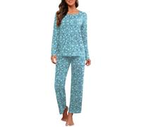PrinStory Set pigiama da donna a maniche lunghe con top e pantaloni pigiama da donna morbido abbigliamento da notte, Fiori Blu Nero, XL