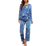 PrinStory Set pigiama da donna a maniche lunghe con top e pantaloni pigiama da donna morbido abbigliamento da notte, Stella blu., XXL