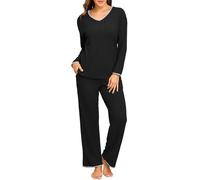 PrinStory Set Pigiama Donna Canotta a Costine Pigiama a Maniche Lunghe Indumenti da Notte con Scollo a V e Pantalone a Gamba Larga, Nero , M