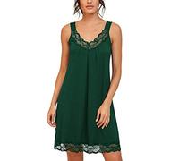 PrinStory Sottoveste Lunga Larga da Donna in Pizzo Camicia da Notte Chemise Biancheria da Notte in Jersey di Cotone Lingerie, Verde scuro, M