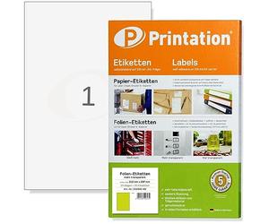 Printation Etichette autoadesive 210 x 297 mm opaco trasparente su foglio DIN A4 - 1 etichetta resistente alle intemperie / impermeabile per foglio - 25 etichette in pellicola altamente autoadesive