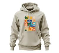 Printera Felpa con cappuccio con motivo tropicale, palma, spiaggia, oceano | Stella marina, conchiglie, onde, barca a vela, marittimo, surf, isola dei Caraibi, multicolore, viaggi, bohémien