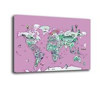 Printerland Quadri Moderni MAPPAMONDO Mappa mondo Bambini Bimbo Bimba Quadro moderno da Parete XXL grande Stampa su tela Canvas Decorazione Murale muro Camera Cameretta bimbi (50x70 cm, Rosa)