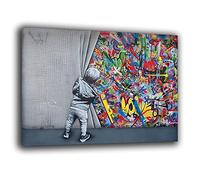 Printerland Quadri Moderni soggiorno Banksy stile Bimbo Apre Sipario Quadro moderno da Parete XXL grande Stampa su tela Canvas Decorazione Murale muro Arredo Camera da letto Cucina (50x70 cm, 1)