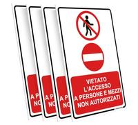 PRINTIMA 21x32 cm Set di 4 Pittogrammi Vietato l’Accesso a Persone e Mezzi Non Autorizzati Cartelli Segnaletici Verticali per Azienda Cantiere e Area Riservata con Set di Montaggio