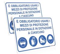 PRINTIMA 32x21 cm Set di 2 Cartelli Obbligo DPI con Pittogrammi Segnaletici Rettangolari Resistenti per Cantiere Azienda Officina e Locale Tecnico con Set di Montaggio Incluso