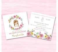 PRINTSERVIS Inviti Personalizzati per Comunione Carta 300gr, Adattabili al Colore dei Capelli, 95x150mm quadrati, Perfetti per Ogni Bambino e Bambina (bimba capelli castani)