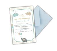PRINTSERVIS Set di 20 Inviti per Battesimo Personalizzati con Busta - Formato 120x95mm in Cartoncino, Ideali per Bimbo e Bimba (Elefantino Azzurro)