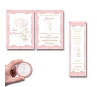PRINTSERVIS Set di Inviti per Battesimo Personalizzati: A partire da 20 Inviti, Tag Adesivi Rotondi e Segnalibri con Buste - Formati 120x95mm Stampato Cartoncino Spesso (Coniglietto Rosa)