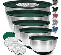 Priority Chef Set di ciotole in acciaio inossidabile con coperchio, 3 accessori per grattugia, coperchi ermetici, base in silicone antiscivolo, grandi ciotole per mescolare in metallo, per cucina,