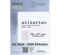 pripa DIN A4 - 100 fogli, 24 etichette 70 x 37 mm su 3 colonne per 8 file, per un totale di 2400 etichette.