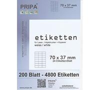 pripa - Etichette autoadesive, 70 x 37 mm, 50 Fogli DIN A4 24 Etichette per Foglio - 3 colonne - 8 File - 1200 Etichette